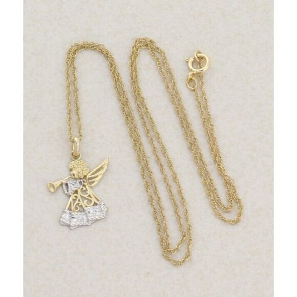 10k Yellow Gold & White Gold Angel Trumpet Necklace 18" Chain Dainty Delicate - Picture 3 of 7